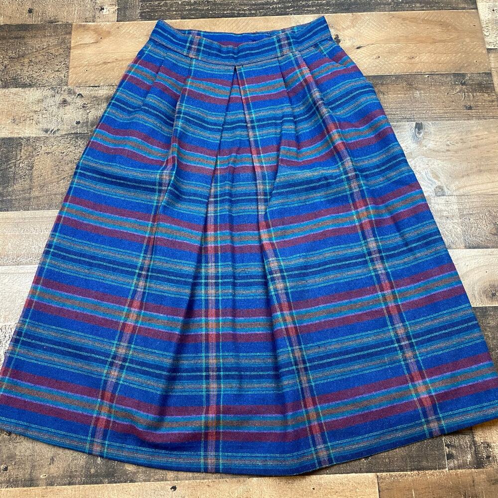 Vintage High Waisted Pleated A-Line Wool Winter Women's Retro Midi Skirt Size 9